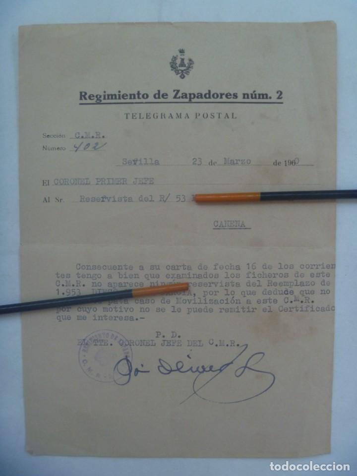 Militaria: REGIMIENTO DE ZAPADORES N&ordm; 2 : TELEGRAMA POSTAL SOBRE RESERVISTA . SEVILLA, 1960