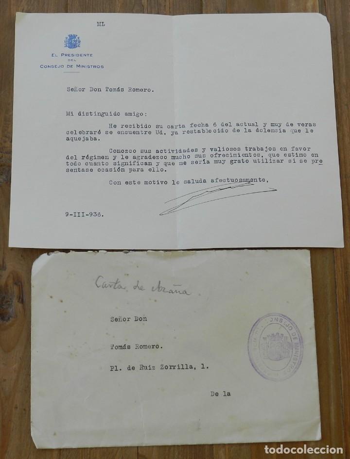 CARTA DE MANUEL AZAÑA DIAZ, PRESIDENTE DEL CONSEJO DE MINISTROS 9 DE MARZO DE 1936, CON FIRMA MANUSC (Militar - Propaganda y Documentos)