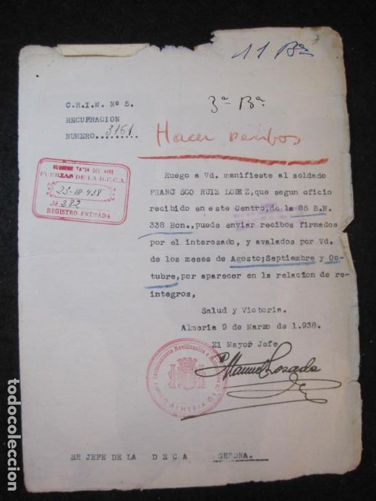 GUERRA CIVIL-ALMERIA-CENTRO RECLUTAMIENTO MOVILIZACION E INSTRUCCION-AÑO 1938-VER FOTOS-(K-4465) (Militar - Propaganda y Documentos)