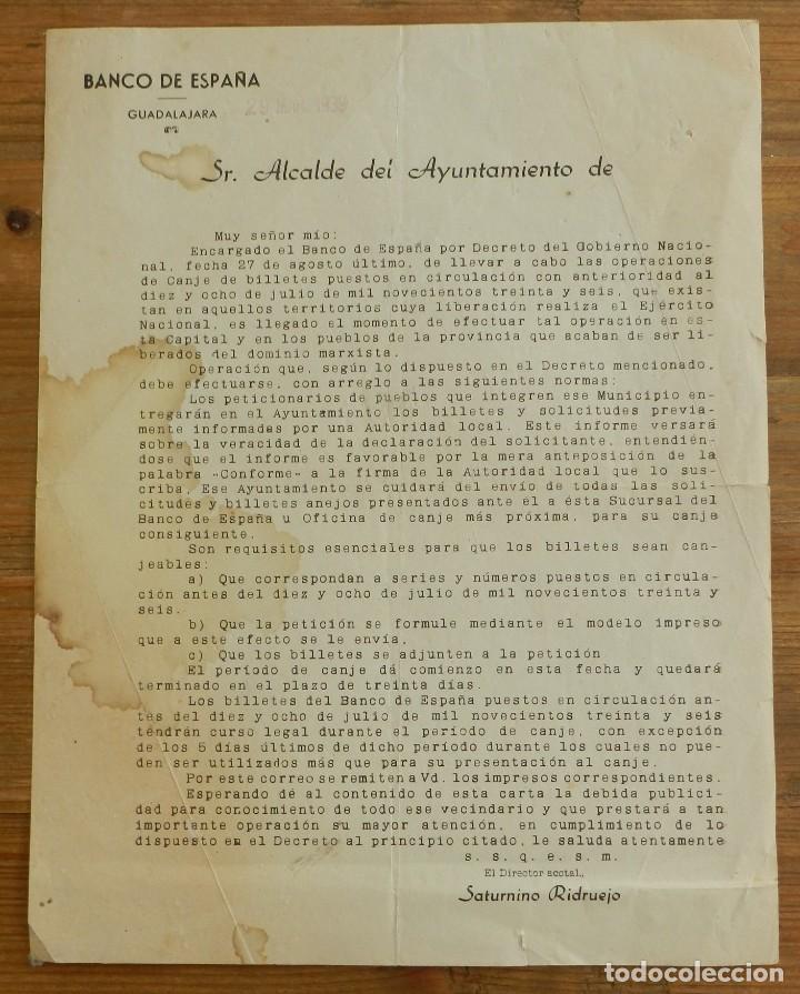 Military Antiques: BANCO DE ESPA&Ntilde;A. GUADALAJARA 29 DE MARZO DE 1939, TRATA SOBRE EL CAMBIO DE BILLETES EMITIDOS ANTES D