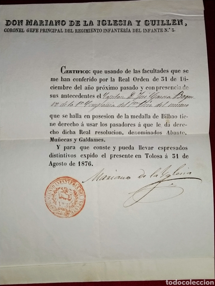 Military Antiques: Certificado que faculta al Capit&aacute;n D. Jos&eacute; Garc&iacute;a Baquero, poseedor de medalla de Bilbao.