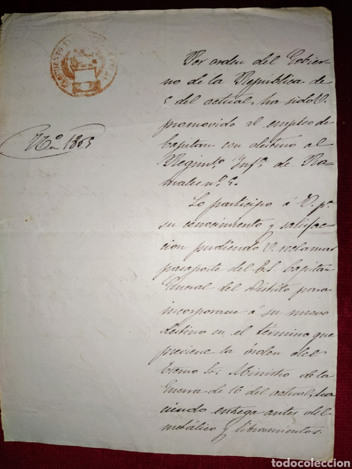 Military Antiques: Promoci&oacute;n de empleo de Capit&aacute;n a D. Jos&eacute; Garc&iacute;a Baquero. Natural de Chiclana (C&aacute;diz). 1873