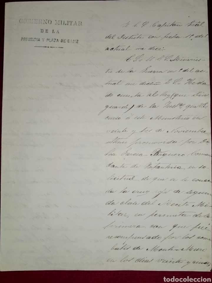 Military Antiques: Solicitud de empleo de Comandante como herido grave en la toma de las casas de Murrieta 1874.