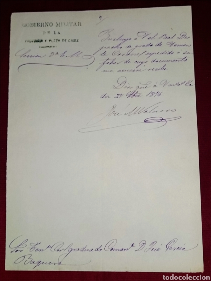 Military Antiques: Despacho de concesi&oacute;n del grado de teniente coronel al Comandante D. Jos&eacute; Garc&iacute;a Baquero 1876.