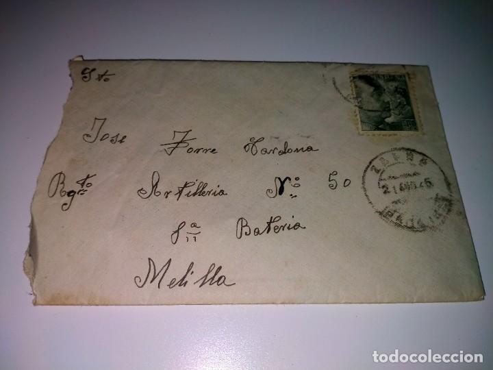 Militaria: CARTA DIRIGIDA A MILITAR REGIMIENTO DE ARTILLERIA, N&ordm; 50.ZAFRA-MELILLA, A&Ntilde;O 1945