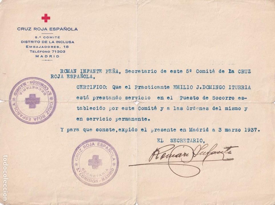 Militaria: Cruz Roja espa&ntilde;ola. 5&ordf; comit&eacute; Distrito inclusa. certificado 1937 Guerra Civil