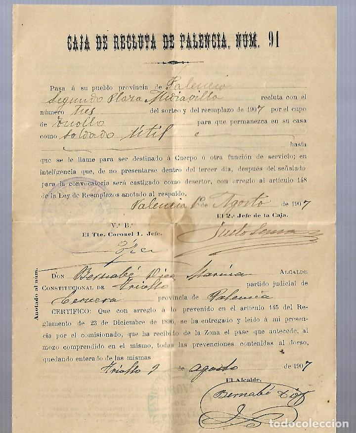 Militaria: M270- CAJA DE RECLUTAS DE PALENCIA N&ordm; 91- FIRMADO Y SELLADO PALENCIA 1 -8- 1.907
