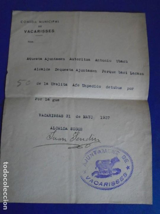 Militaria: (MI-211155)DOCUMENTO CONSELL MUNICIPAL DE VACARISSES - GUERRA CIVIL