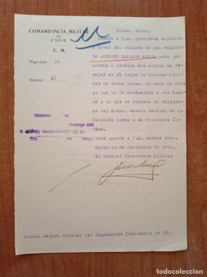 Militaria: escrito oficio remision comandancia militar cadiz 1931