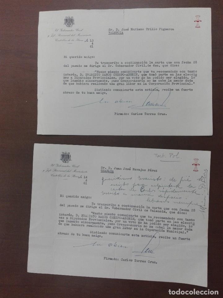 Militaria: OFICIOS GOBERNADOR CIVIL Y JEFE PROVINCIAL MOVIMIENTO-CASTELLON -CARLOS TORRES CRUZ- FALANGE- TRILLO