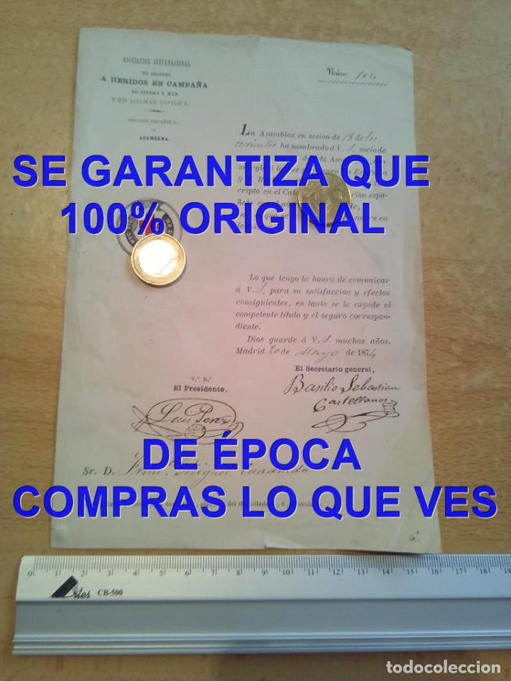 Military Antiques: 1874 SOCORRO A HERIDOS EN CAMPA&Ntilde;A NOMBRAMIENTO SOCIO ARCHIVO JOSE MARIA DE MENA HISTORIADOR E72