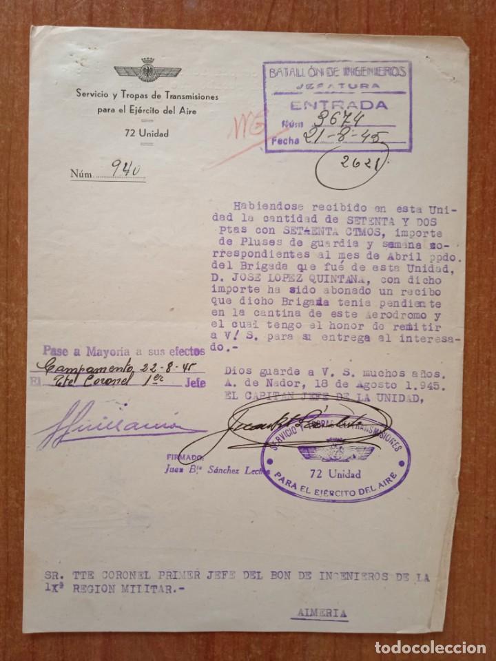 Military Antiques: Escrito oficio remision tropas ejercito aire Nador 1945