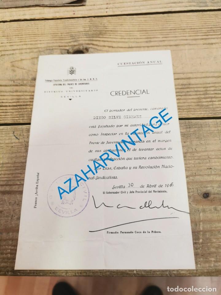Military Antiques: SEVILLA, 1946, AUTORIZACION PARA ACTUAR COMO INSPECTOR EN CUESTACION DEL FRENTE DE JUVENTUDES