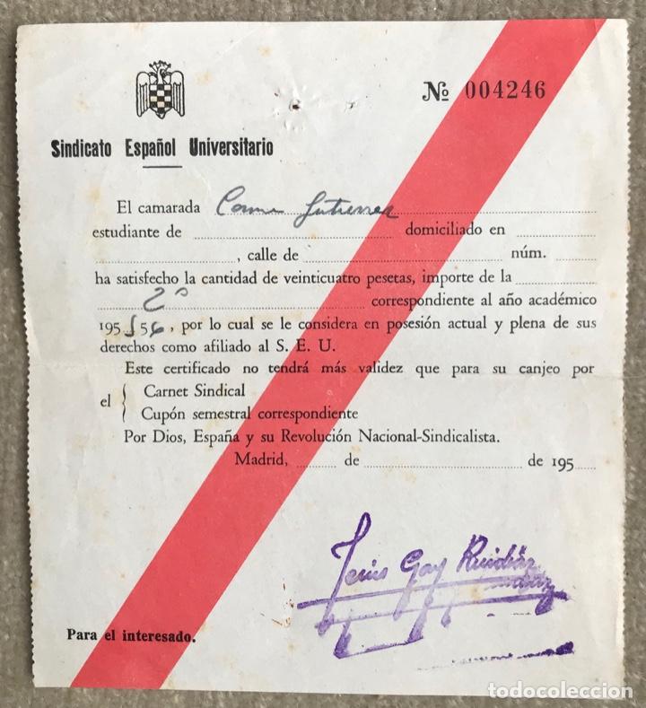 Militaria: Recibo Sindicato Espa&ntilde;ol Universitario (SEU - Falange) - A&ntilde;o acad&eacute;mico 1955/56