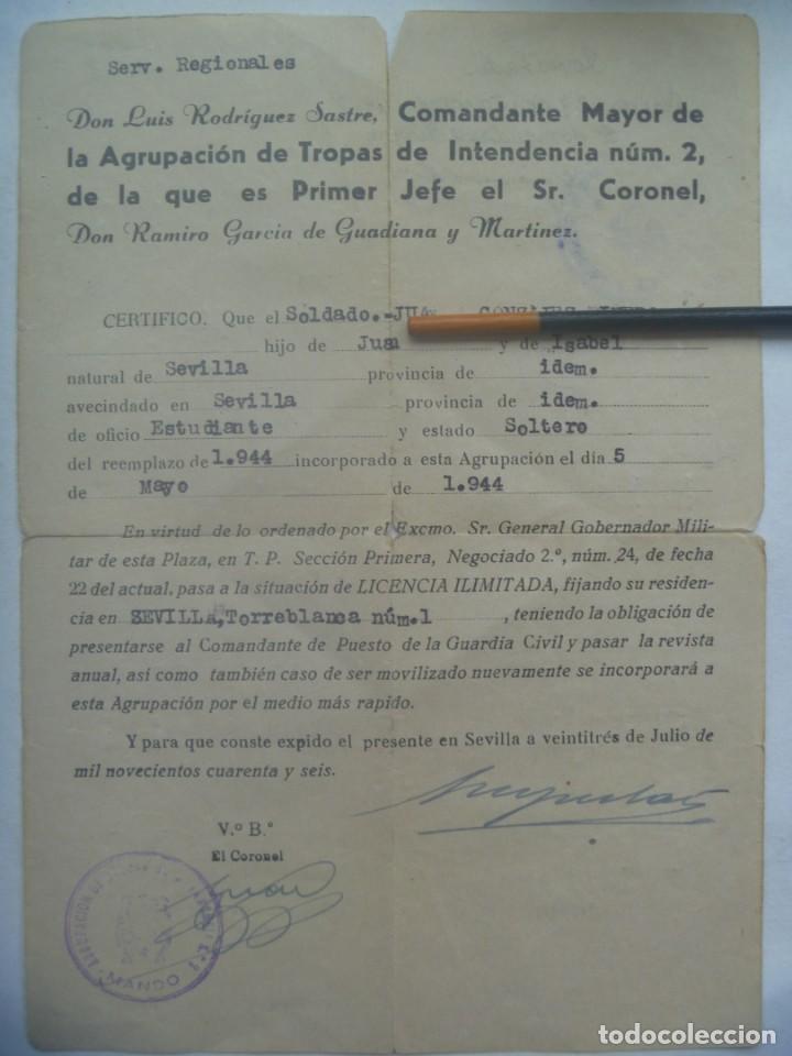 Militaria: AGRUPACION TROPAS DE INTENDENCIA N&ordm; 2 - SERVICIOS REGIONALES: CERTIFICADO INCORPORACIO. SEVILLA 1946
