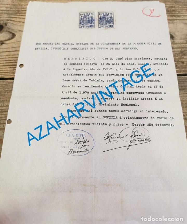 Military Antiques: SEVILLA, 1939, CERTIFICADO DE BUENA CONDUCTA EMITIDO POR LA GUARDIA CIVIL A UN FALANGISTA