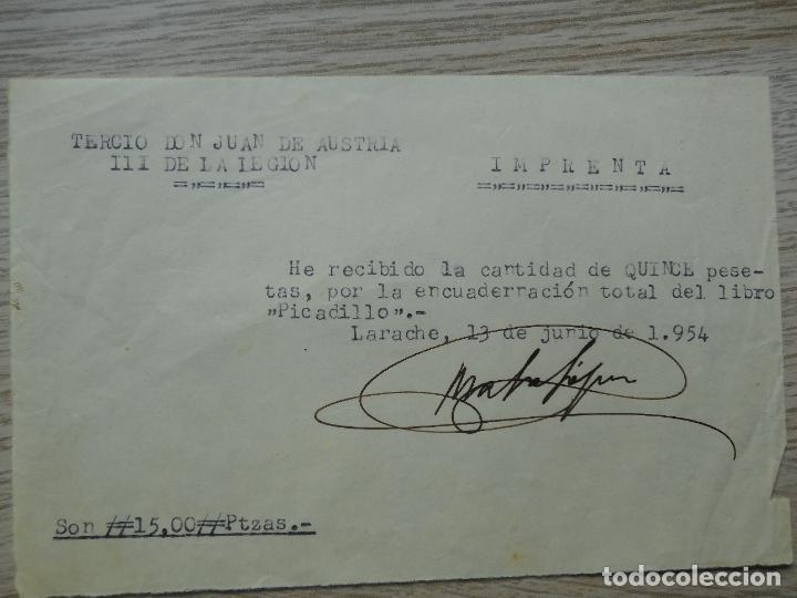 Militaria: ANTIGUO RECIBO.TERCIO JUAN DE AUSTRIA III LEGION. IMPRENTA.LARACHE 1954
