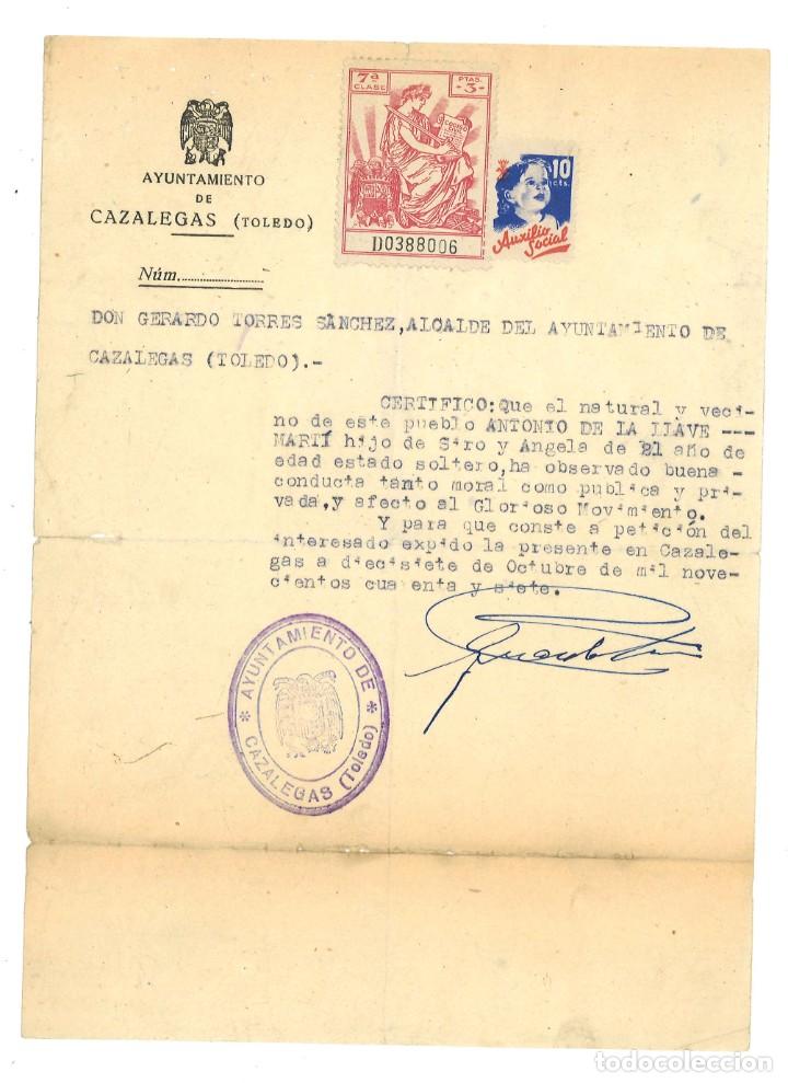 Militaria: Cazalegas, Toledo, 1947. Certificado de adhesi&oacute;n al Movimiento