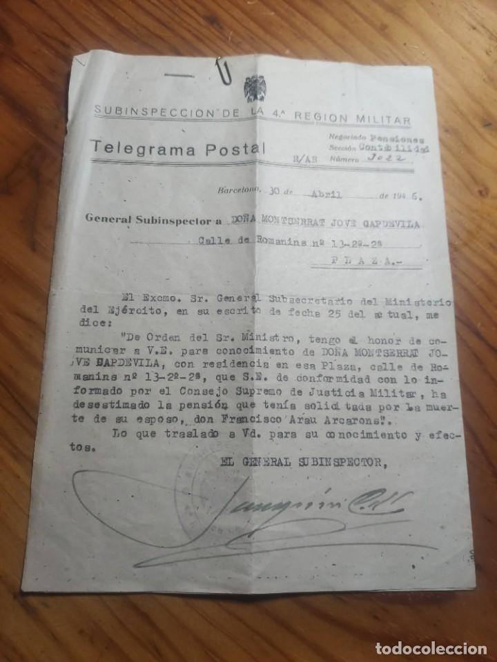 Militaria: SUBINSPECCION DE LAS TROPAS DE LA 4&ordf; REGION MILITAR. TELEGRAMA POSTAL.