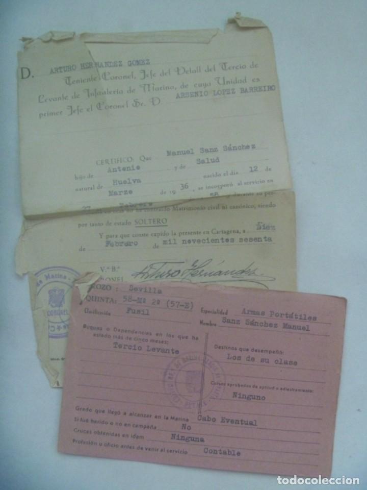 Militaria: INFANTERIA MARINA - TERCIO DE LEVANTE: CERTIFICADO SOLTERIA Y TARJETA ESPECIALIDAD. CARTAGENA, 1960