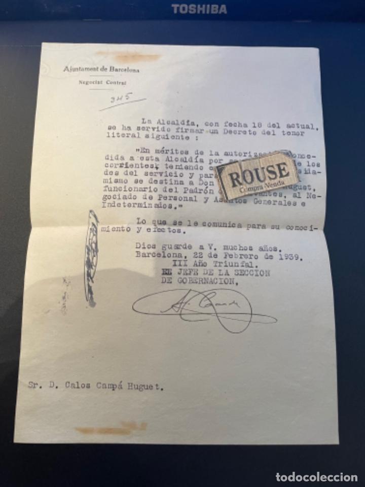 Military Antiques: POSGUERRA 22 FEBRERO 1939 ALCALDIA DE BARCELONA DESTINA A DON...FUNCIONARIO DEL PADR&Oacute;N DE HABITANTES