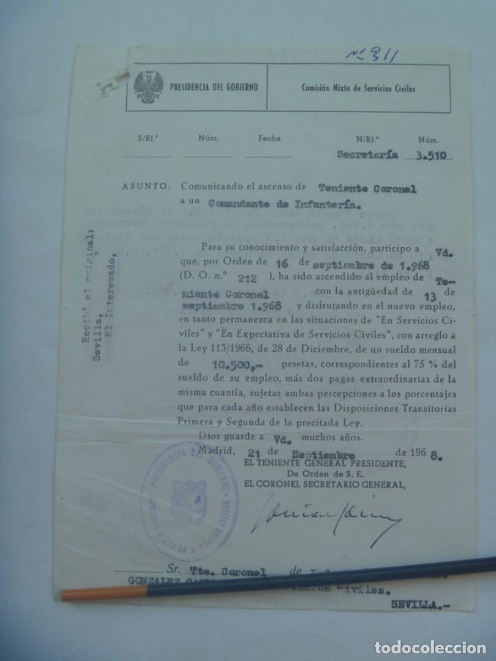 Militaria: PRESIDENCIA DEL GOBIERNO - SERVCIOS CIVILES: ASCENSO A TENIENTE CORONEL . MADRID, 1968. VI&Ntilde;ETA, ETC