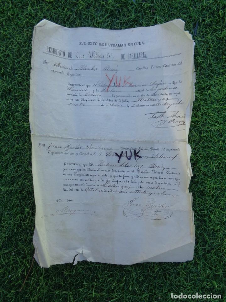 Militaria: GUERRA DE CUBA: DECLARACION D SOLTERIA -REGIMIENTO DE LAS VILLAS 5&ordm; DE CABALLERIA 1878 MATANZAS CUBA