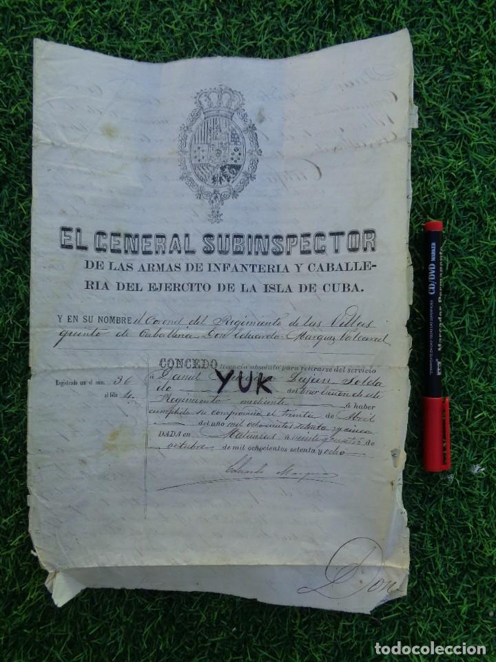 Militaria: GUERRA DE CUBA: LICENCIA ABSOLUTA DEL REGIMIENTO LAS VILLAS 5&ordm; DE CABALLERIA - MATANZAS 1878