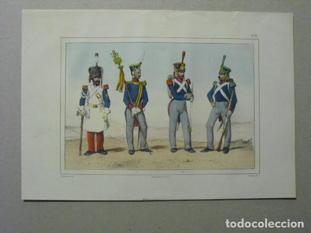 Militaria: 1853 CROMOLITOGRAFIA DE GASTADOR, ABANDERADO, GRANADERO Y CAZADOR EN 1825