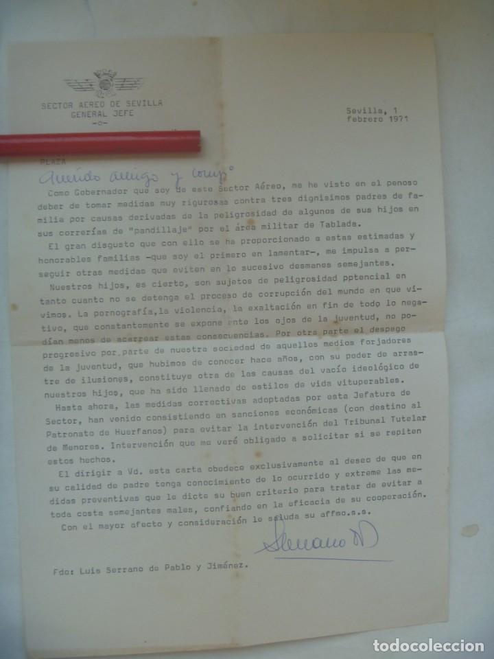 Militaria: SECTOR AEREA DE SEVILLA: CARTA DEL GOBERNADOR A COMANANTE AVICION SOBRE ACTOS EN TABLADA. 1971