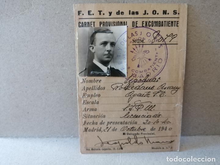 Militaria: antiguo carnet provisional de excombatiente F.E.T. y de las J.O.N.S. a&ntilde;o 1940