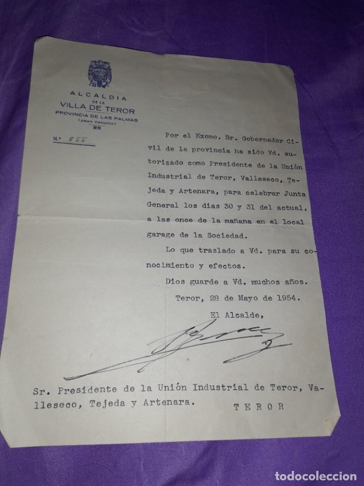 Militaria: Antiguo documento alcald&iacute;a villa teror 1954 uni&oacute;n industrial teror,valleseco, tejeda y artenara