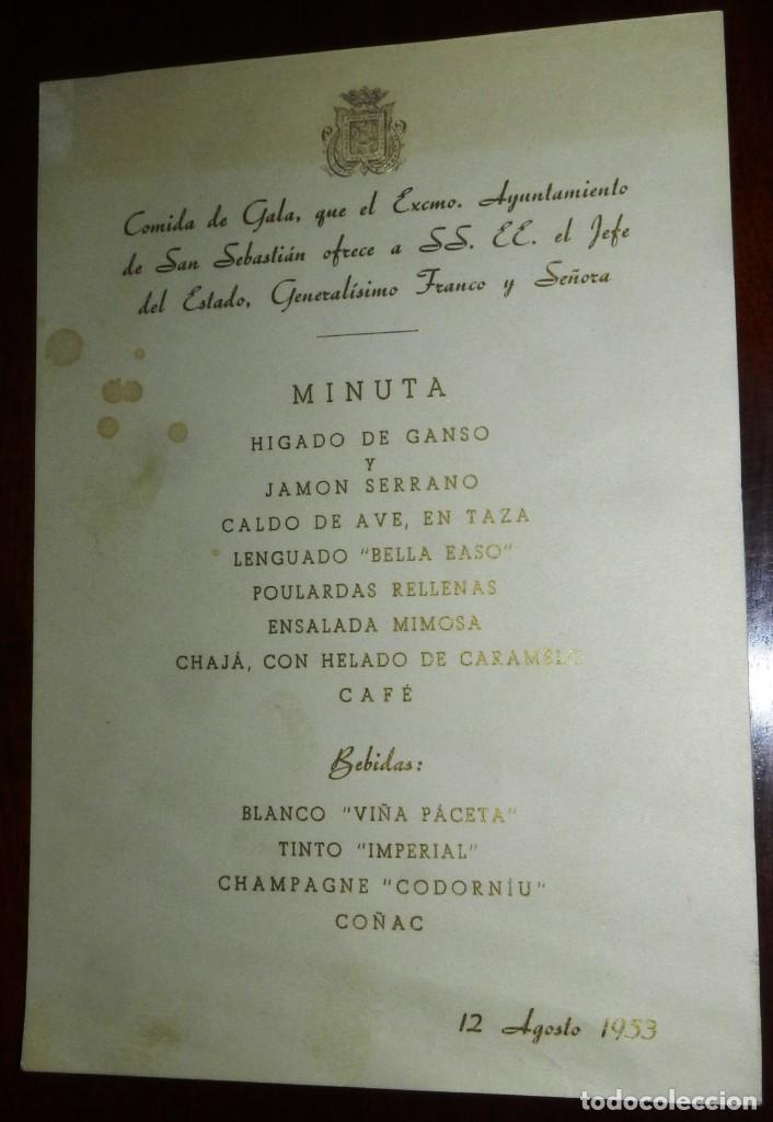 Militaria: MINUTA EN HONOR AL JEFE DE ESTADO, GENERALISIMO FRANCO, AYUNTAMIENTO DE SAN SEBASTIAN, AGOSTO DE 195