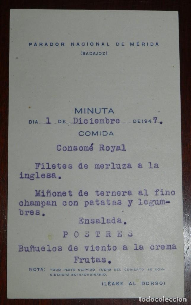 Military Antiques: MINUTA DEL PARADOR NACIONAL DE MERIDA, BADAJOZ, 1 DE DICIEMBRE DE 1947, MIDE 14 X 10,5 CMS.