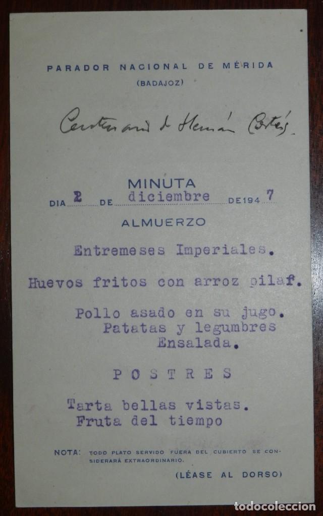Militaria: MINUTA DEL PARADOR NACIONAL DE MERIDA, BADAJOZ, CENTENARIO DE HERNAN CORTES, 2 DE DICIEMBRE DE 1947,