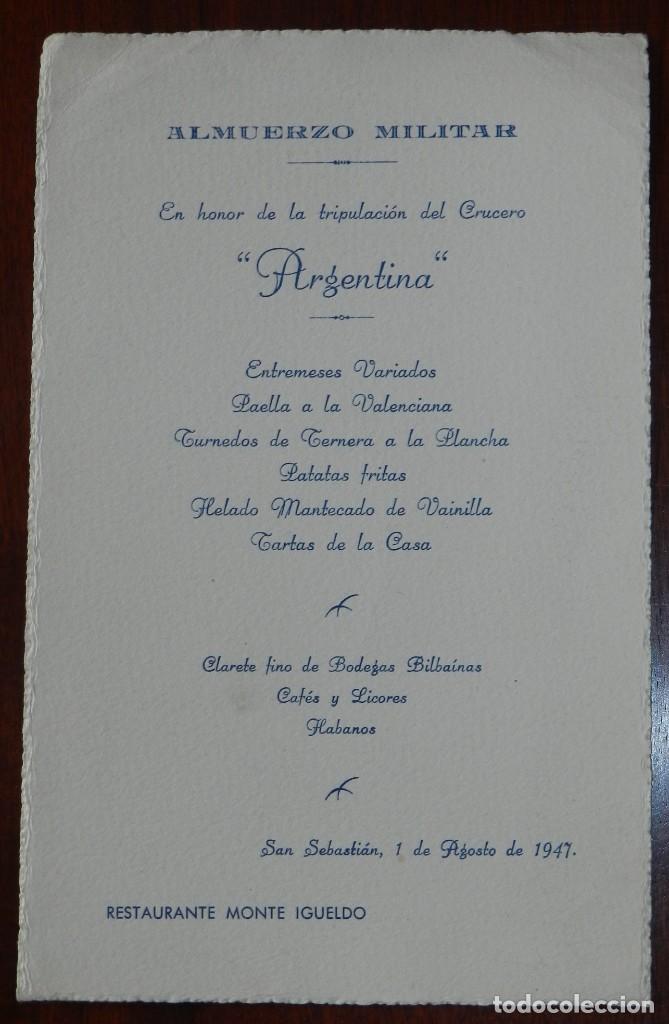 Military Antiques: MINUTA DEL ALMUERZO MILITAR EN HONOR DE LA TRIPULACION DEL CRUCERO ARGENTINA, SAN SEBASTIAN 1 DE AGO