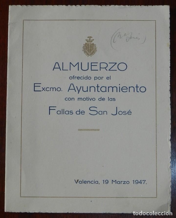 Military Antiques: MINUTA DEL ALMUERZO OFRECIDO POR EL AYUNTAMIENTO DE LAS FALLAS DE SAN JOSE, VALENCIA 19 DE MARZO DE