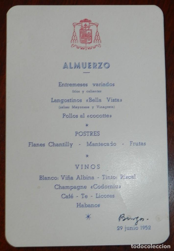 Military Antiques: MINUTA DEL ALMUERZO OFRECIDO POR EL AYUNTAMIENTO DE BURGOS, 22 DE JUNIO DE 1952, MIDE 16 X 10 CMS.