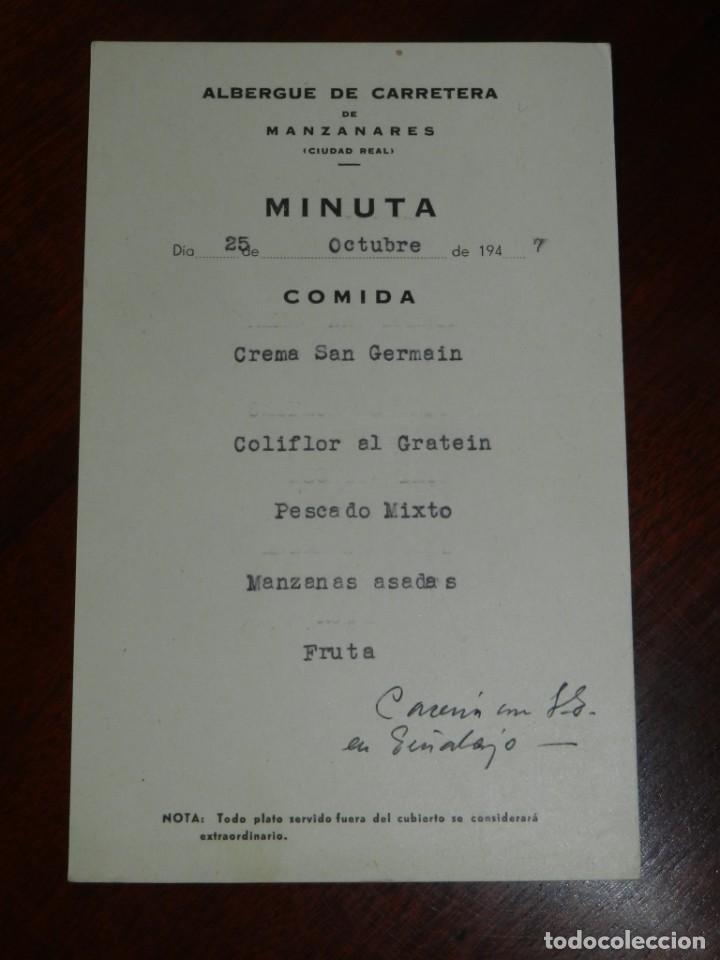 Militaria: MINUTA DE DEL ALBERGUE DE CARRETERA DE MANZANARES, CIUDAD REAL, CON MOTIVO DE CACERIA, 25 DE OCTUBRE