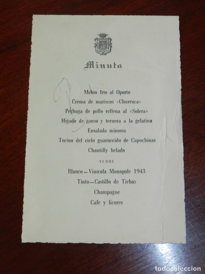Militaria: MINUTA DE COMIDA CELEBRADA EN LOS A&Ntilde;OS 50, MIDE 16 X 11 CMS.
