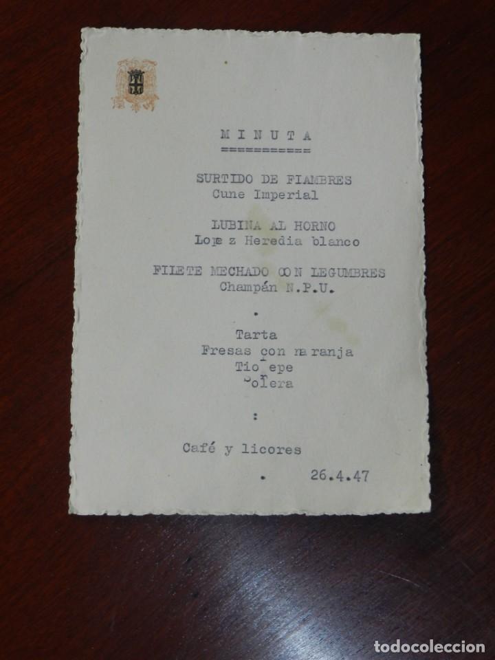 Militaria: MINUTA DE DESAYUNO CELEBRADO EN EL PALACIO PROVINCIAL EL 26 DE ABRIL DE 1947, MIDE 16 X 10,5 CMS.