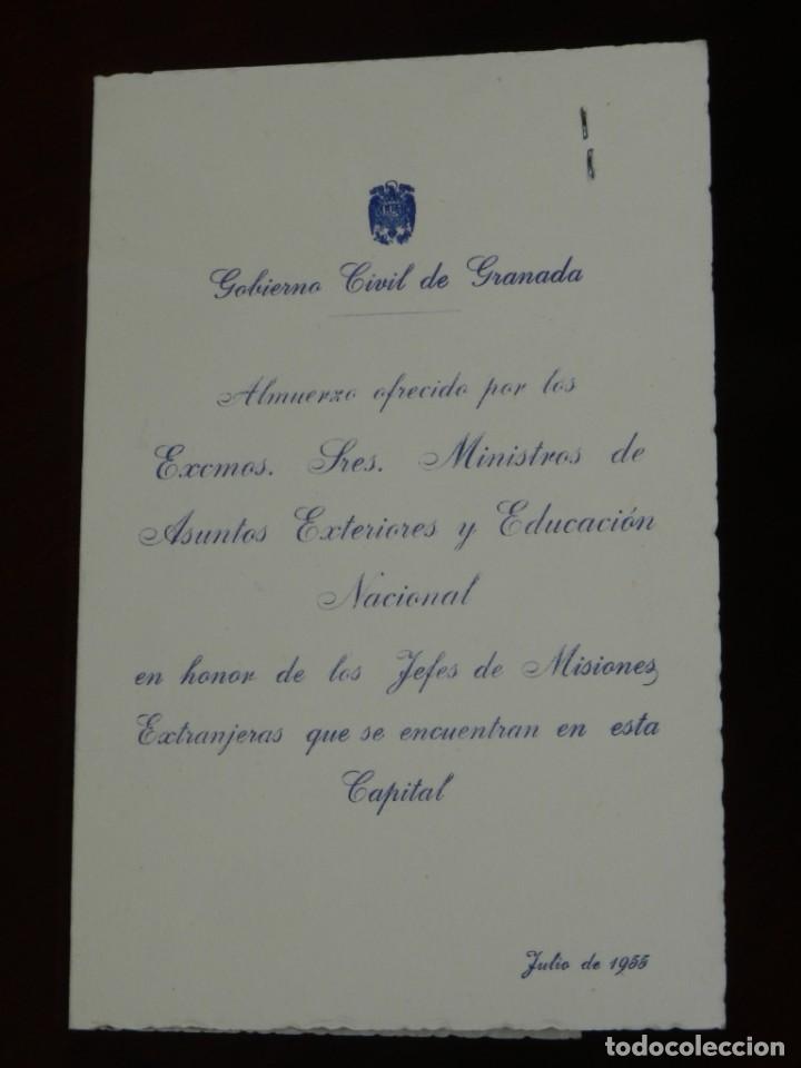 Militaria: MINUTA DEL ALMUERZO OFRECIDO POR EL GOBIERNO CIVIL DE GRANADA, MINISTROS DE ASUNTOS EXTERIORES EN HO
