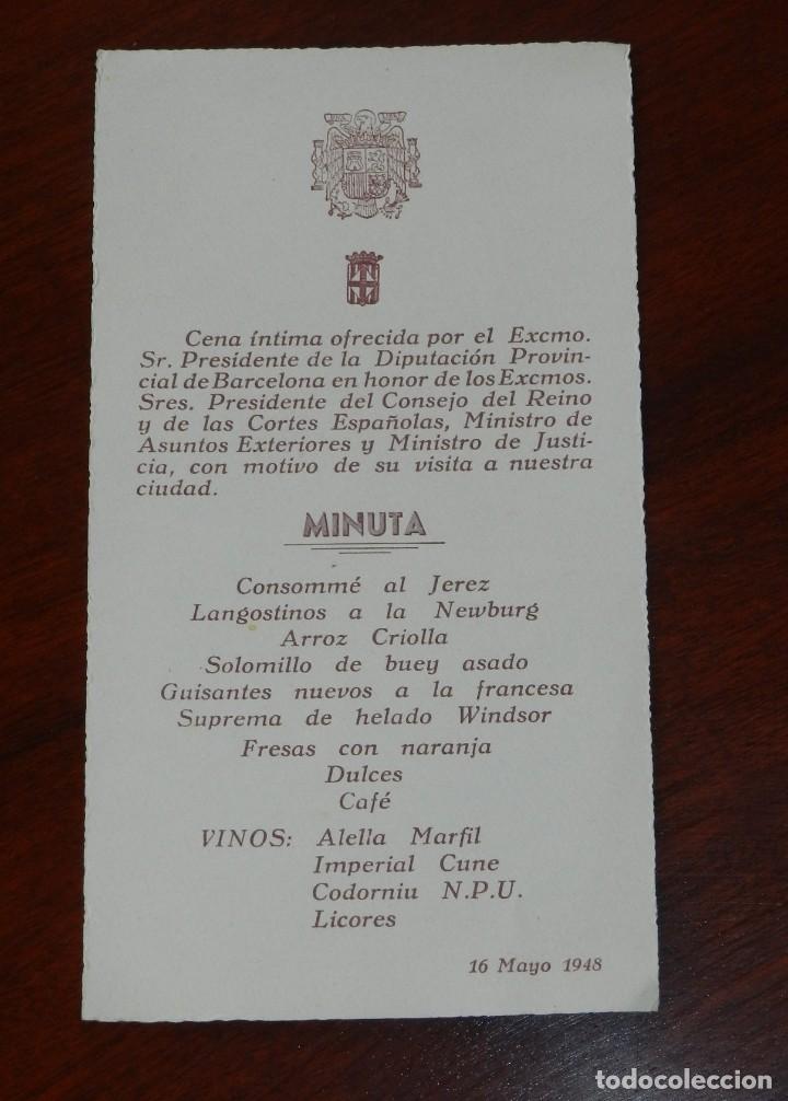 Militaria: MINUTA DE LA LA CENA OFRECIDA POR EL SR. PRESIDENTE DE LA DIPUTACION DE BARCELONA, EN HONOR A LOS SR