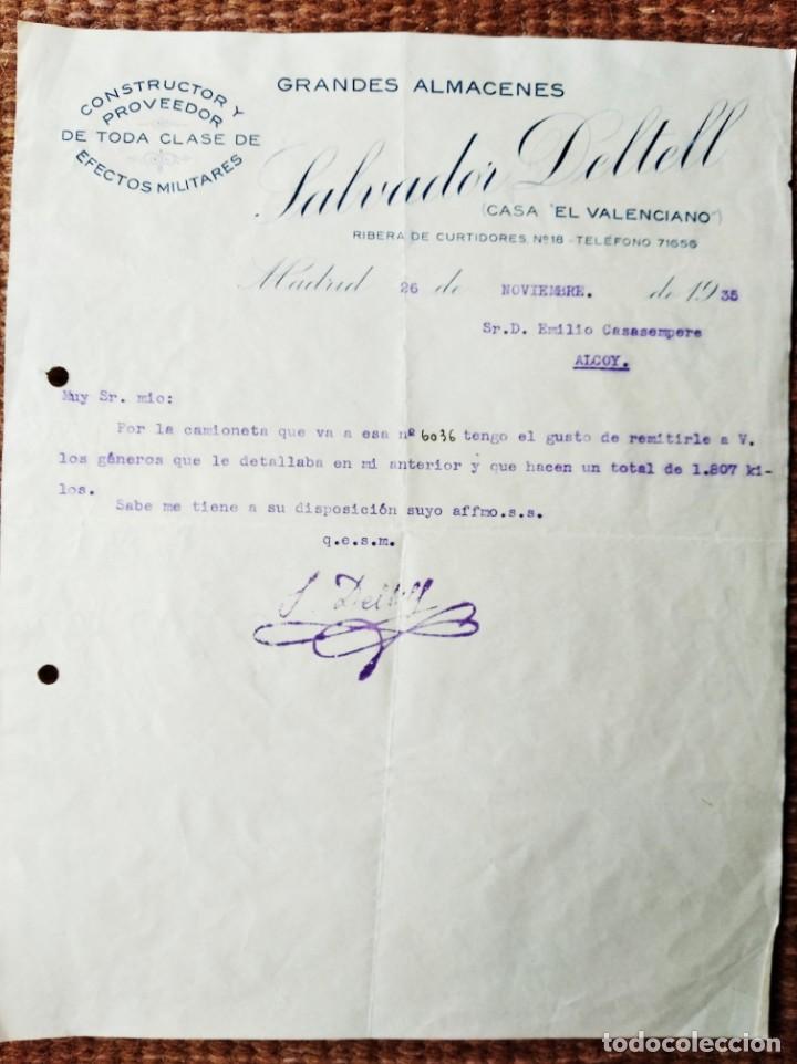 Militaria: MADRID 1935 - CARTA COMERCIAL ALMACENES SALVADOR DELTELL - TODA CLASE EFECTOS MILITARES -