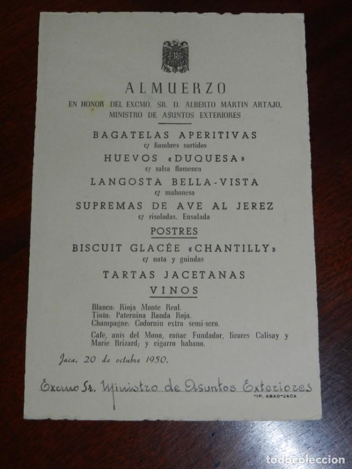 Militaria: MINUTA EN HONOR A D. ALBERTO MARTIN ARTAJO, MINISTRO DE ASUNTOS EXTERIORES, OCTUBRE 1950, MIDE 16 X