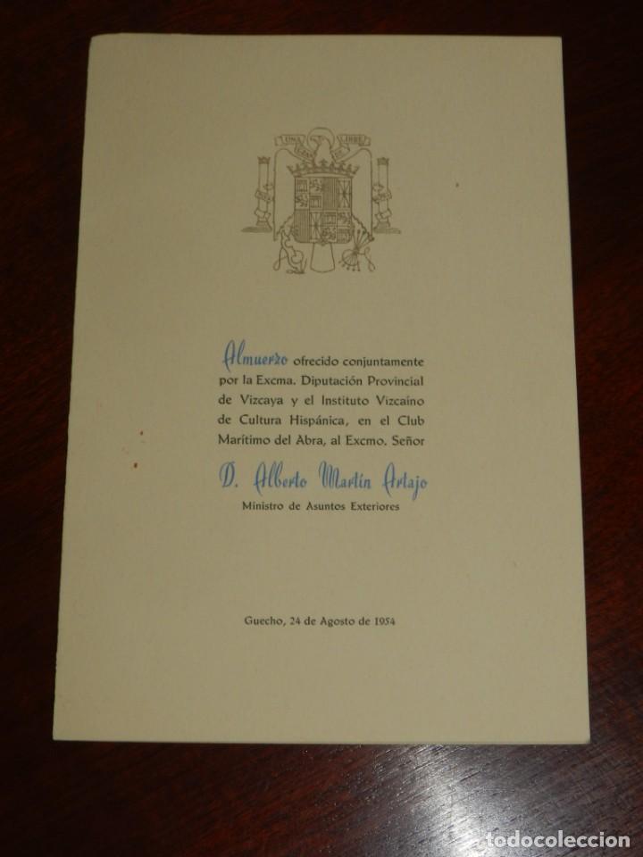 Militaria: MINUTA EN HONOR A D. ALBERTO MARTIN ARTAJO, MINISTRO DE ASUNTOS EXTERIORES. OFRECIDO POR LA DIPUTACI