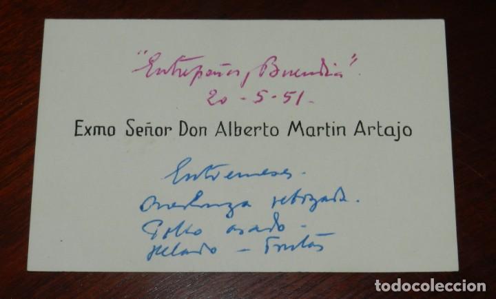 Militaria: MINUTA EN HONOR A DON ALBERTO MARTIN ARTAJO, MINISTRO DE ASUNTOS EXTERIORES, CELEBRADO EN ENTREPE&Ntilde;AS