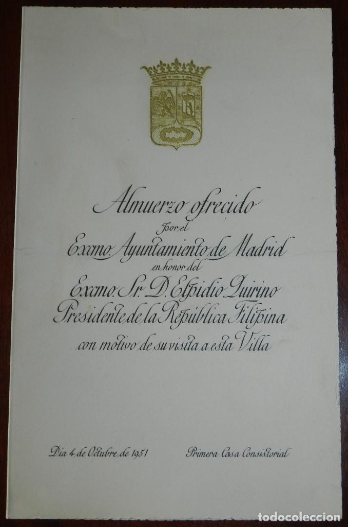 Militaria: MINUTA DEL ALMUERZO OFRECIDA POR EL AYUNTAMIENTO DE MADRID, EN HONOR DE S.M. EL REY ABDULLAH I DE JO