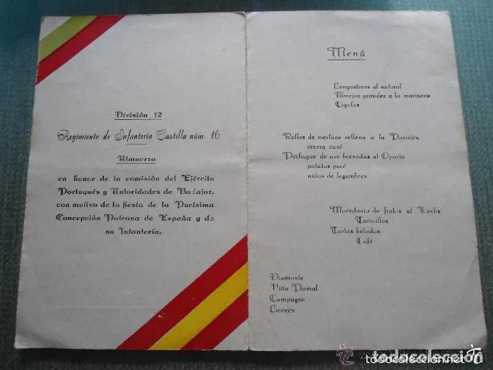 Military Antiques: ANTIGUO DOCUMENTO MILITAR - MENU ALMUERZO REGIMIENTO INFANTERIA CASTILLA 16 - A&Ntilde;O 1958