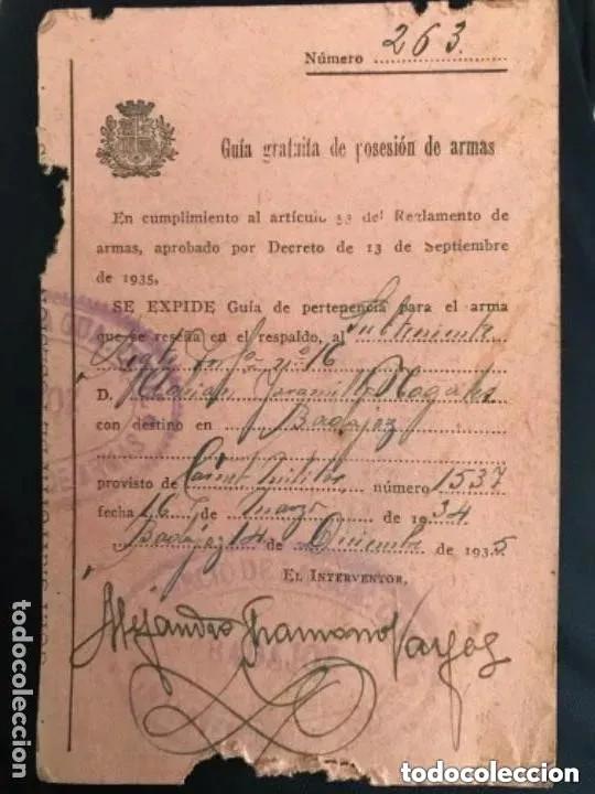 Military Antiques: ANTIGUA GUIA POSESION ARMAS PISTOLA AUTOM&Aacute;TICA PRINCIPE (&Eacute;IBAR) REGIMIENTO INFANTER&Iacute;A BADAJOZ 1935